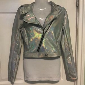 Cropped Holographic Asymmetrical Jacket